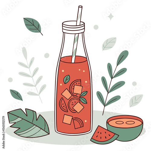 A bottle of watermelon juice with leaves isolated on white background