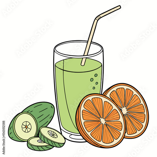 A glass of green juice with orange and cucumber isolated on white