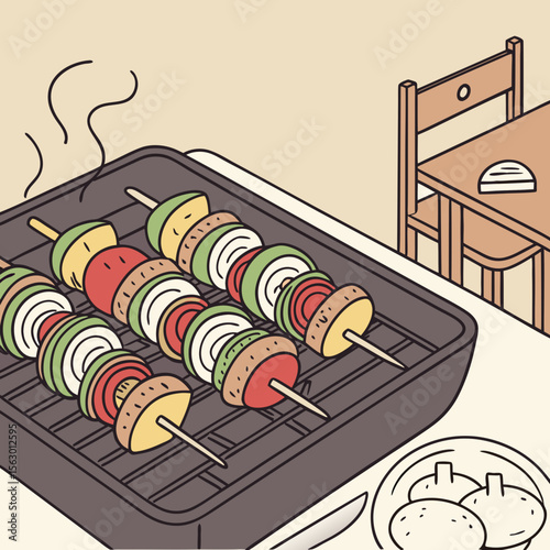 Vegetable kebabs are grilling indoors on a barbecue grill