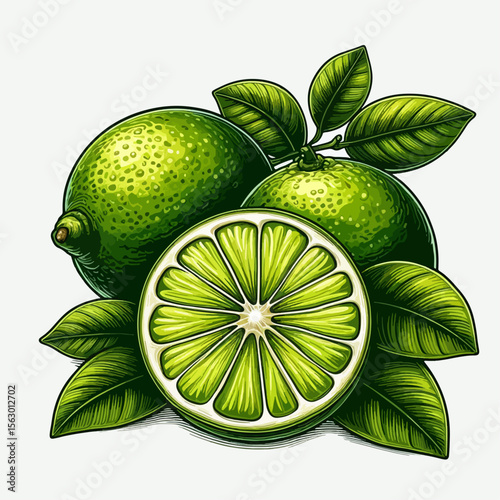 Vibrant graphic illustration of two whole limes and a sliced lime, set against a light background, with lush green leaves.  The illustration showcases detailed textures and rich colors.