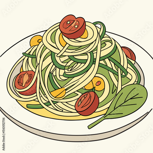 A plate of spaghetti with tomatoes and zucchini is ready to eat