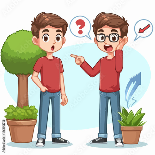 Two cartoon boys, one expressing surprise and the other pointing, engaging in a discussion or problem-solving scene.  They are in different poses and wearing casual clothes.