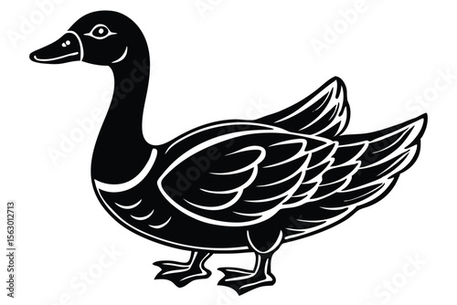 Black and white outline shows cartoon goose standing with feet apart and head tilted