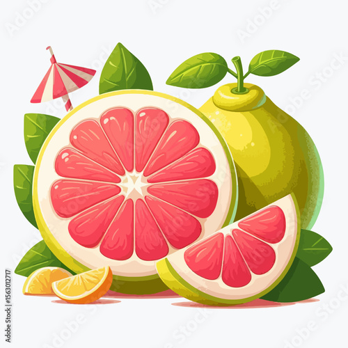 Digitally rendered still life featuring a grapefruit, its slices, and decorative elements, like leaves and a drink straw, set against a pale background.