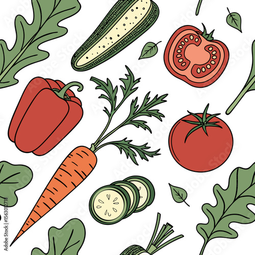 A seamless pattern of fresh vegetables on a white background
