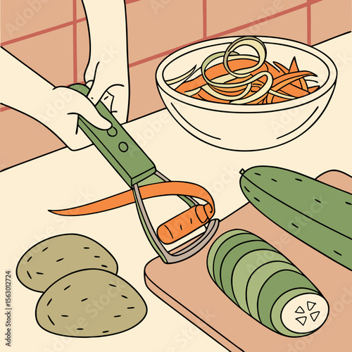 Peeling a carrot with a peeler in the kitchen
