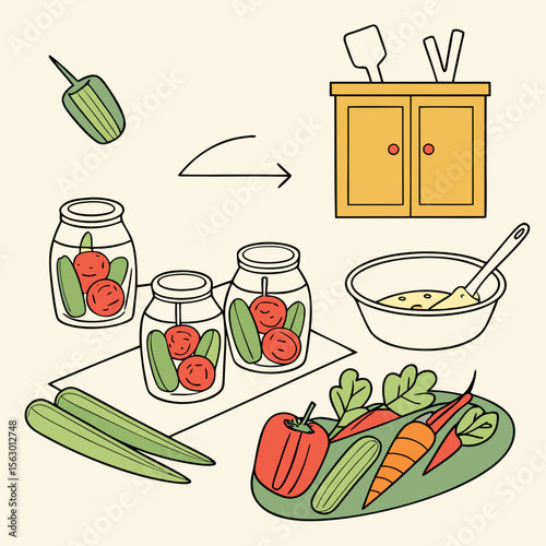 Jars of pickled vegetables are prepared in the kitchen