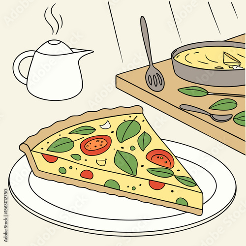 A slice of pizza with tomatoes and basil sits on a plate