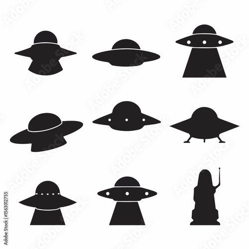 UFO Flying Saucer and Alien Silhouettes Icons