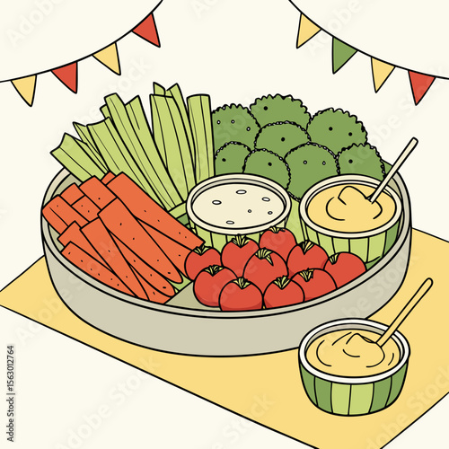 A vegetable tray with dip for a party