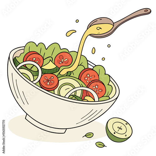 Salad dressing is poured over a fresh salad in a bowl