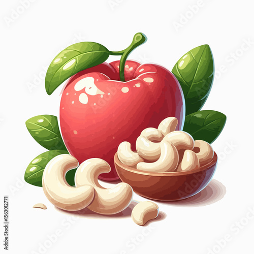 Vibrant, digital illustration showcases a plump red  and a scattering of cashews in a small brown bowl.  Fresh green leaves accentuate the composition.