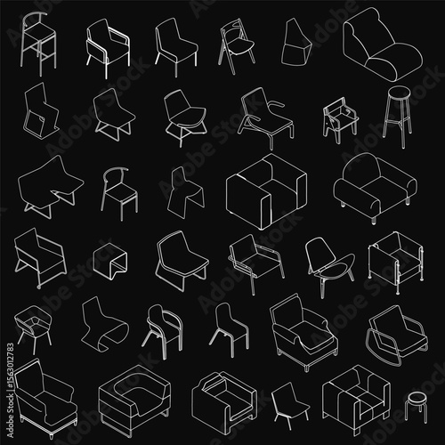 A set of stylish armchairs arranged neatly on a black background, each with unique designs. The white chairs contrast sharply against the dark backdrop, highlighting their elegant forms.