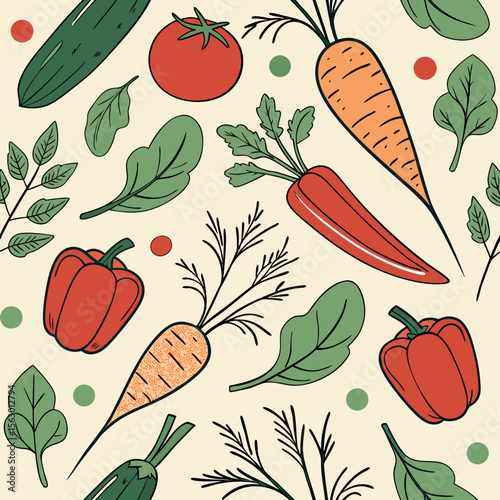 A colorful seamless pattern of fresh vegetables and green leaves