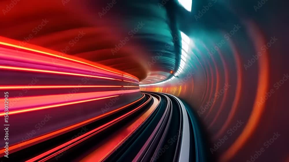Vibrant light trails blur through a futuristic tunnel, creating a sense of speed and motion