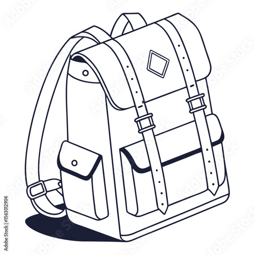 A classic vintage style backpack with leather straps and buckles depicted in a clean line art illustration on a white background