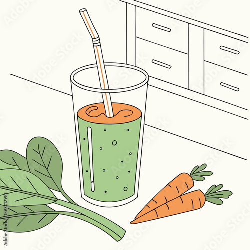 A green smoothie with carrots and spinach sits on a kitchen counter