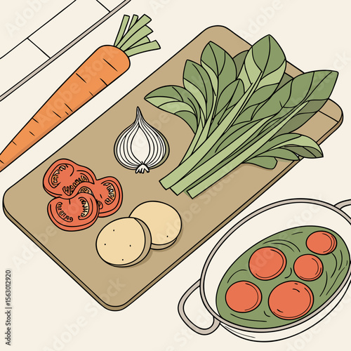 Vegetables are prepared on a cutting board for cooking a meal