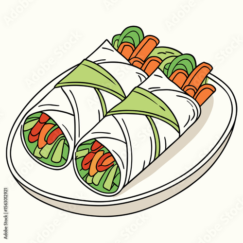 Two vegetable spring rolls are served on a white plate