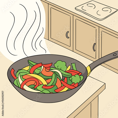 Stirfrying vegetables in a pan on the stove in the kitchen