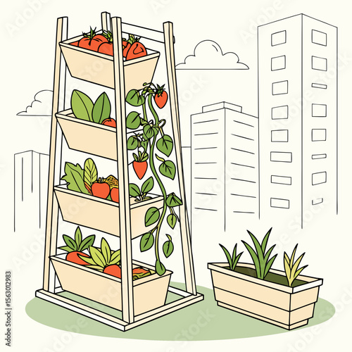 A vertical garden with tomatoes in the city against a white background