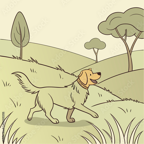 A golden retriever dog runs happily through a green field