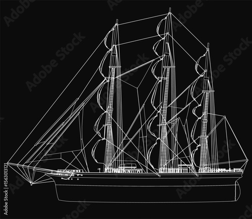 A tall ship with billowing sails is rendered in a detailed black and white 3D model, capturing the essence of classic sailing. The realistic textures and dynamic composition evoke the power of wind.