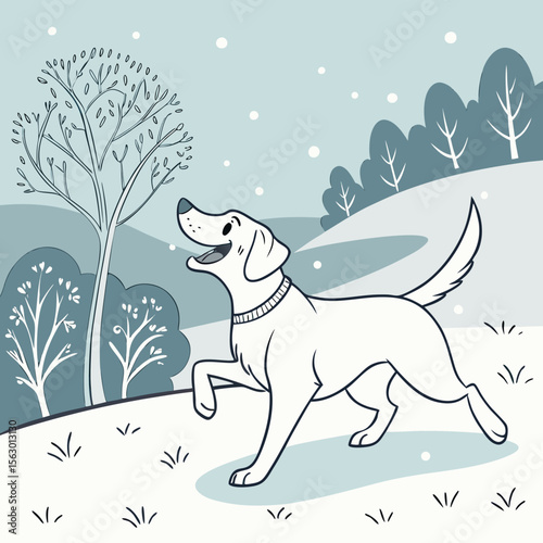 A dog runs happily through a snowy winter landscape