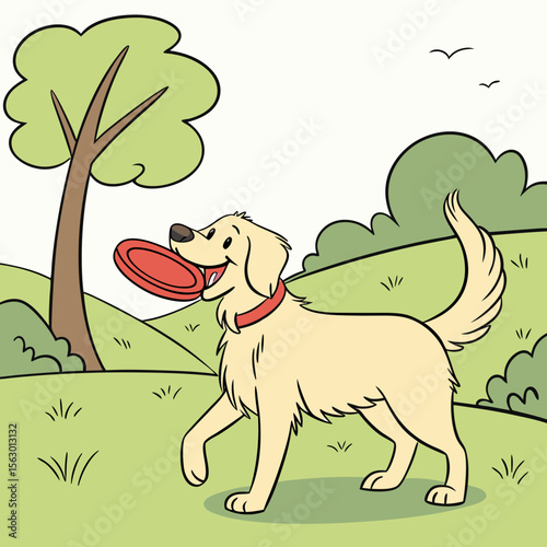 A golden retriever happily fetches a red frisbee in the park