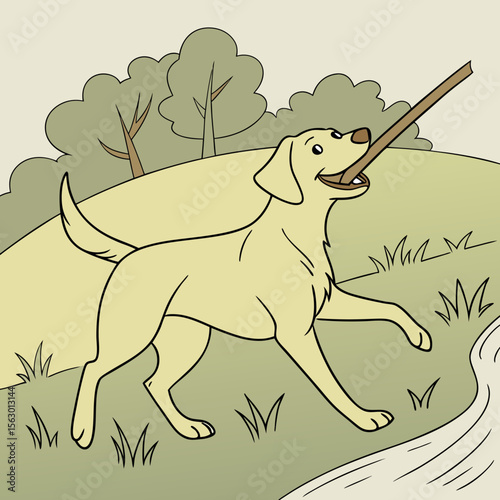 A dog happily fetches a stick in the park near a river
