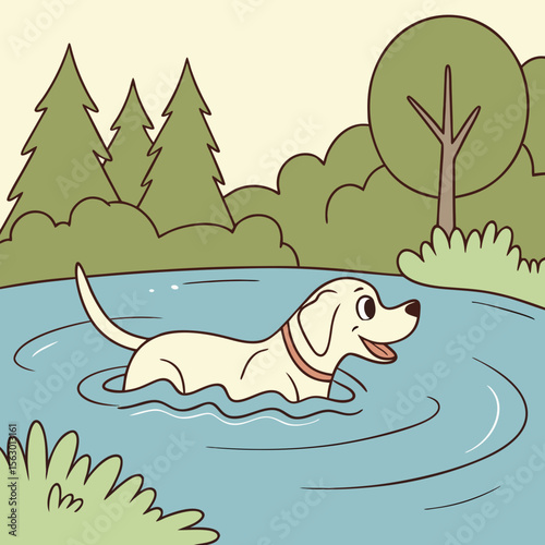 A dog swims happily in a lake surrounded by trees