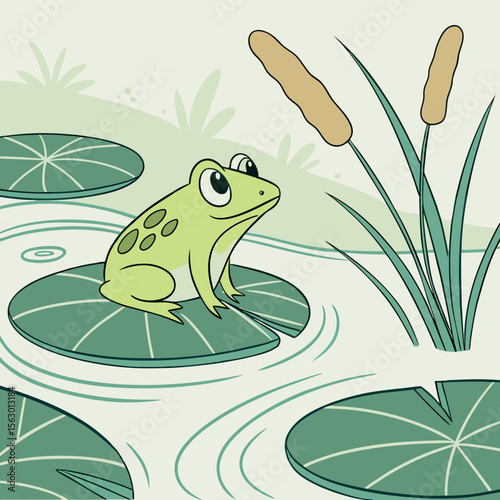 A green cartoon frog sits on a lilypad in a pond with cattails