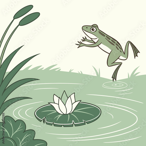 A green frog is jumping onto a lilypad in a pond