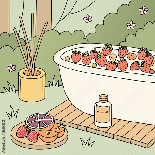 A relaxing strawberry bath with citrus fruits and aromatherapy in a garden