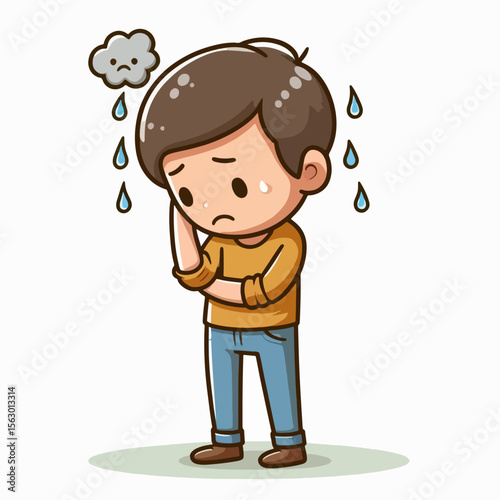 Cartoon illustration of a despondent boy,  depicted with a sad expression,  standing amidst rain and a gray cloud.