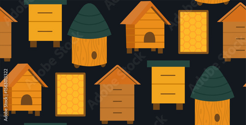 Vector beekeeping seamless pattern. Texture with houses for bees, apiaries, beehive, honeycombs in frames