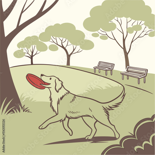 A golden retriever catches a red frisbee in a sunny park