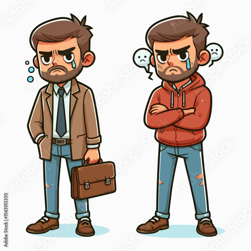 Digital illustration showcasing two different expressions of a cartoon man, one formal and one casual, representing anger and sadness.