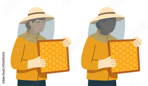 Vector clip arts set of women beekeeper with a frame with honeycombs and bees. Collection of professional female apiarists