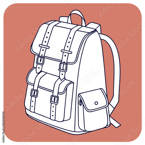 A stylish vintage style rucksack or backpack with multiple pockets and buckle straps depicted as a clean outline illustration on a muted coral background