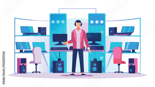 Man standing in a computer store with shelves displaying laptops and desktop computers for sale and demo