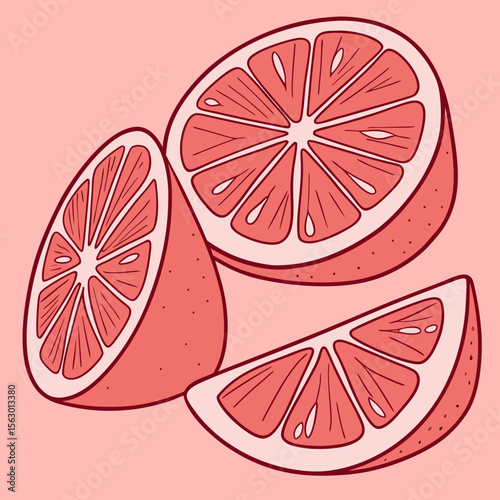 Three slices of pink grapefruit are arranged on a pink background