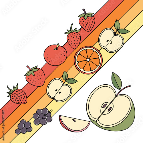 A colorful array of fruits arranged on striped background