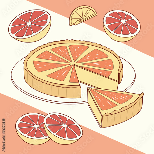 A grapefruit pie with slices is displayed on a light background