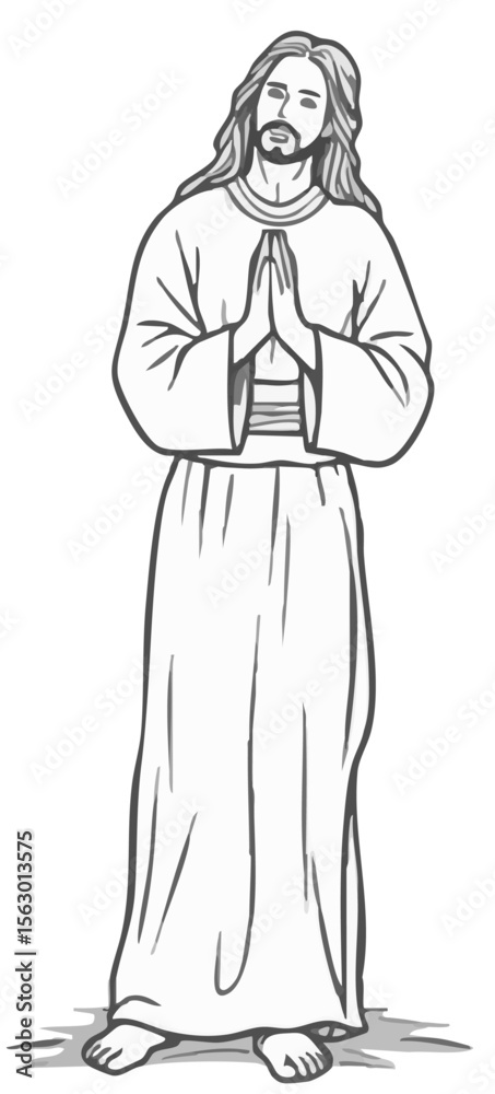 Fototapeta premium Jesus Christ praying with hands clasped. Hand-drawn line art illustration for Christianity.