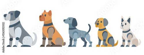 Vector set of mechanical dogs various breed in flat style. Collection of robot puppies. Animals of the future