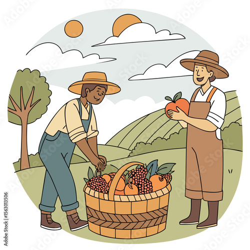 Farmers harvest fresh fruit in a basket on a sunny day