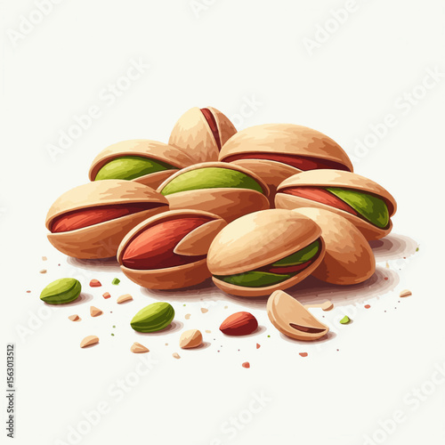 Digital illustration shows a cluster of pistachios, both whole and shelled, with scattered kernels. The image is set against a plain white background, highlighting the pistachios' color and texture.
