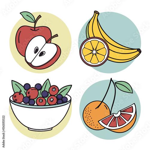 A variety of fresh fruit isolated on white background in circles