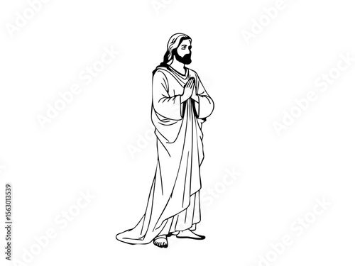 Jesus Christ praying with hands clasped. Hand-drawn line art illustration for Christianity.